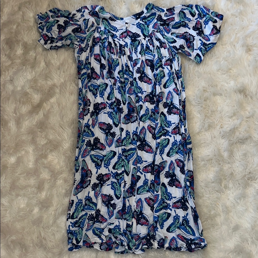 Women's White Midi Dress with Blue & Green Butterfly Print